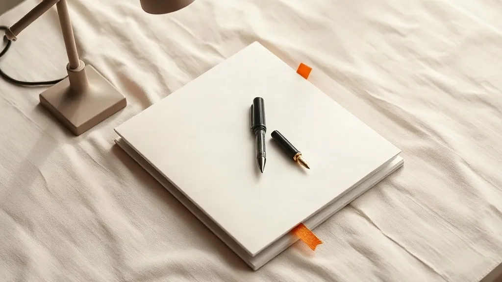 A fountain pen rests on a closed unmarked folder with an orange ribbon bookmark, beside a small desk lamp on a linen surface.