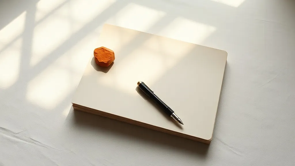 A closed folder with a fountain pen resting across it beside a small ceramic tray holding one stone.
