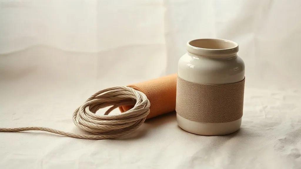 A coiled length of cable beside a rolled canvas tool wrap and a plain ceramic jar on a linen surface.