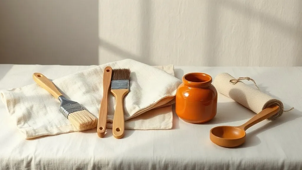 Paint brushes and a folded drop cloth on a linen surface beside a canvas tool roll and a burnt orange ceramic jar.