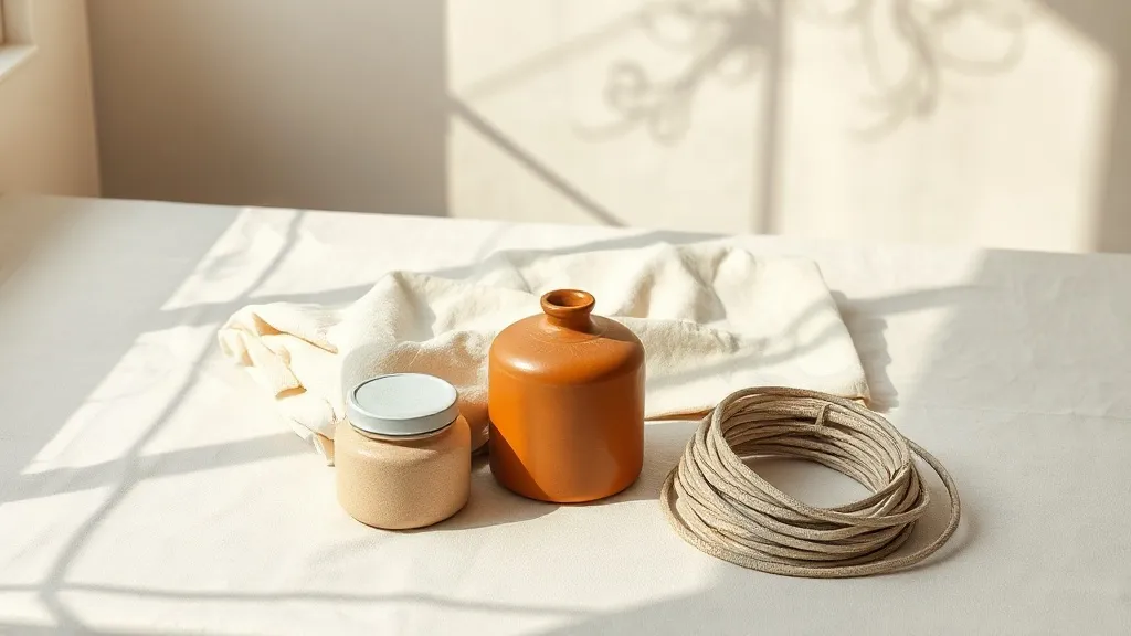 A folded canvas drop cloth, a coiled length of cable and a burnt orange ceramic jar on a linen surface.