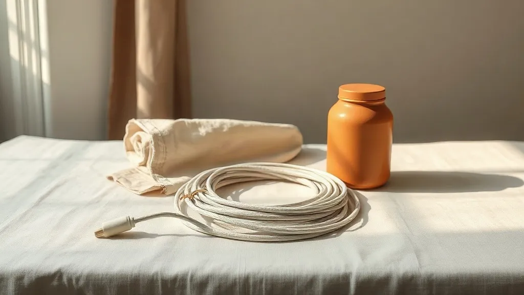 A folded canvas drop cloth, a coiled length of cable and a plain ceramic jar on a linen surface.