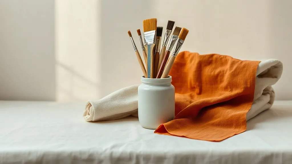 Paint brushes standing in a ceramic jar beside a folded canvas drop cloth and a small burnt orange fabric swatch, on a linen surface.