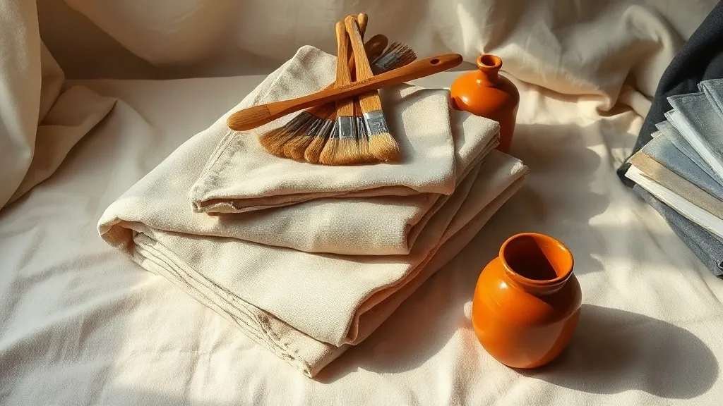 A folded canvas drop cloth with paint brushes resting on top, beside stacked fabric swatches and a ceramic jar.