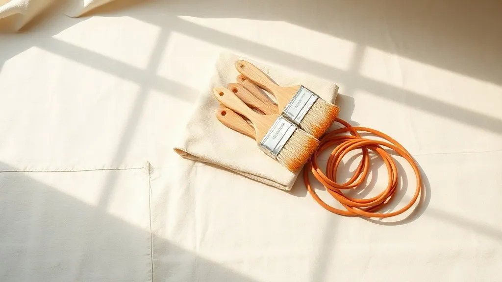 A photograph of a folded drop cloth, wooden paint brushes and a coiled burnt orange cable arranged on a warm linen surface.