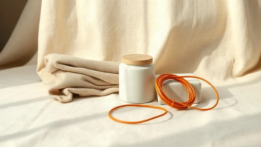 A few folded fabric swatches, a plain ceramic jar and a coiled length of orange cable on a linen surface.