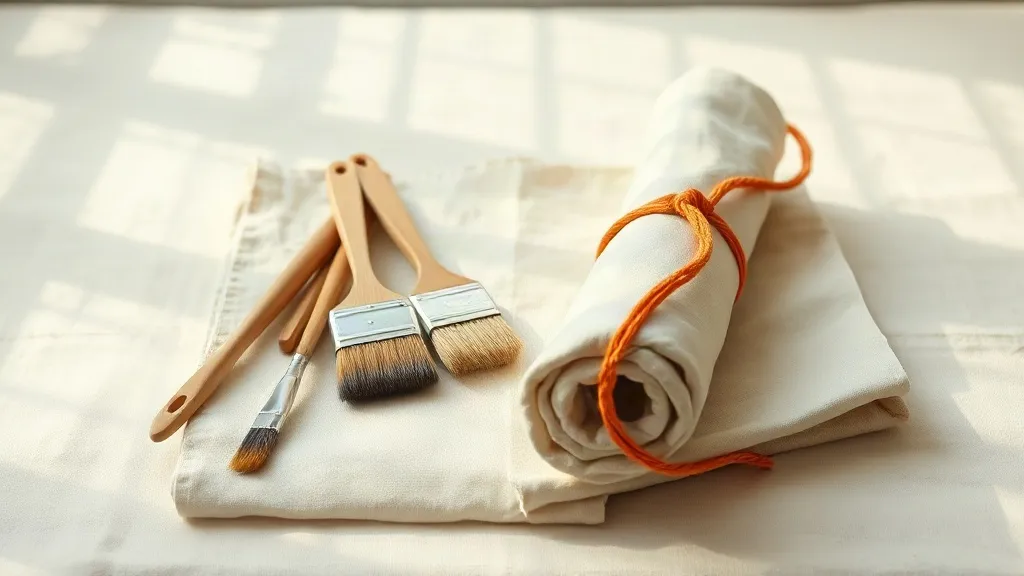 Paint brushes on a folded canvas drop cloth beside a rolled tool roll tied with burnt orange cord.