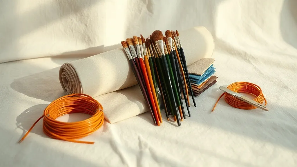 A bundle of paint brushes on a folded canvas tool roll beside stacked fabric swatches and a coiled cable.