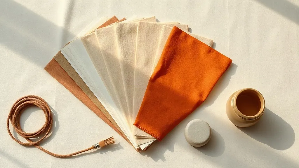 A fan of fabric swatches, a coiled cable and a small ceramic jar, with one swatch in burnt orange.