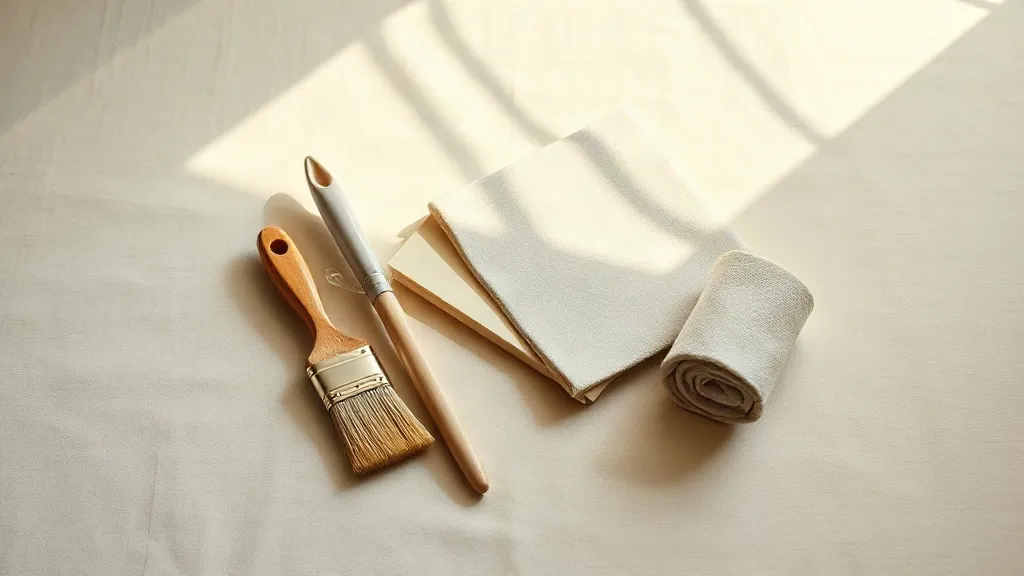 A few paint brushes, a fan of fabric swatches and a rolled canvas tool roll on a linen surface.