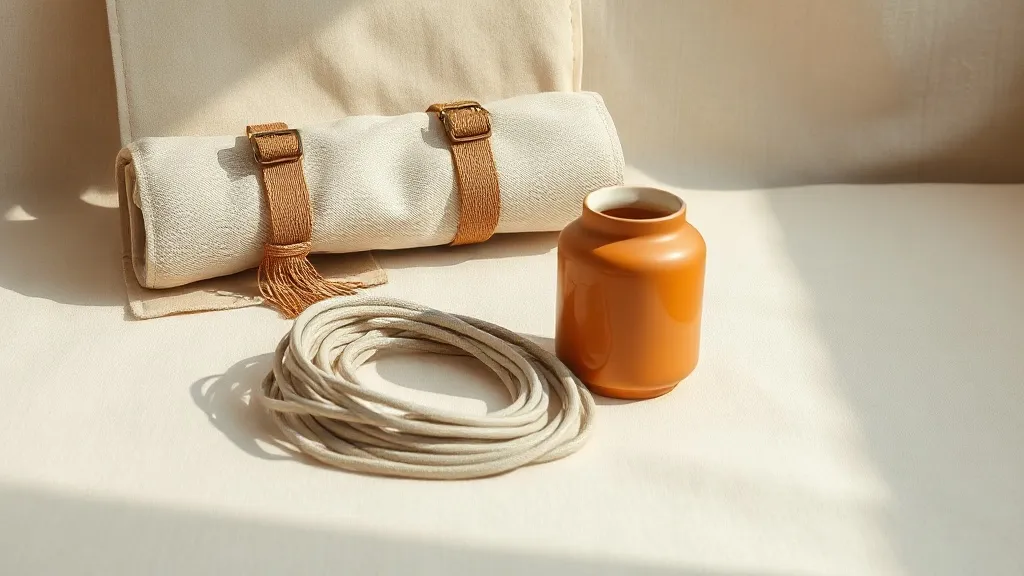 A canvas tool roll and a coiled cable beside a burnt orange ceramic jar on a linen surface.