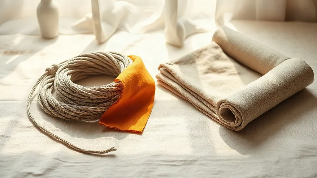A coil of cable and folded fabric swatches on a linen surface, one swatch in burnt orange, beside a canvas tool roll.