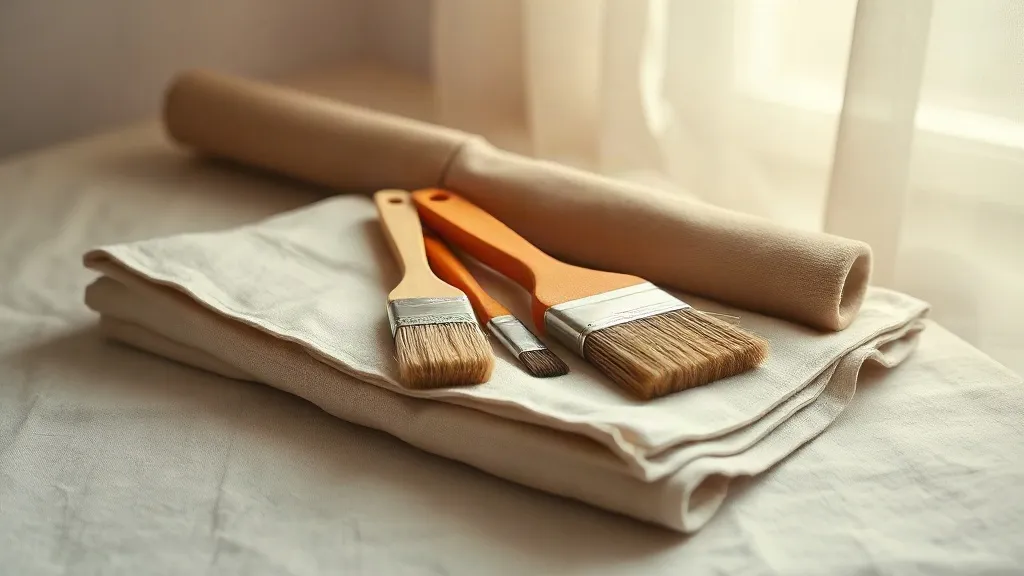 A few paint brushes rest on a folded drop cloth beside a rolled canvas tool roll.
