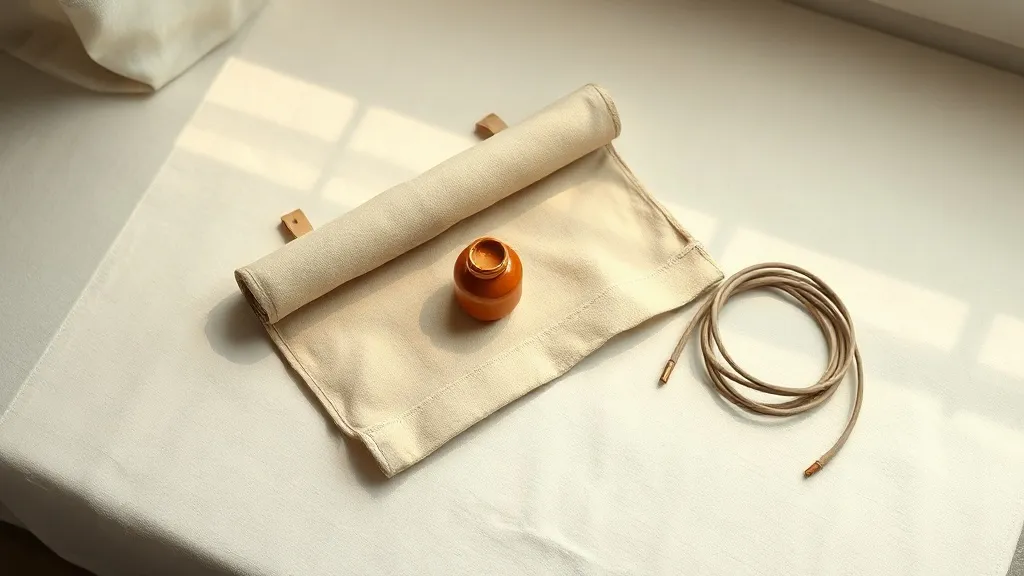 A canvas tool roll laid open beside a coiled length of cable and a small ceramic jar.