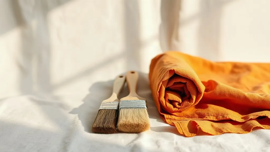 A few paint brushes and a rolled canvas tool roll beside a folded orange drop cloth on a linen surface.