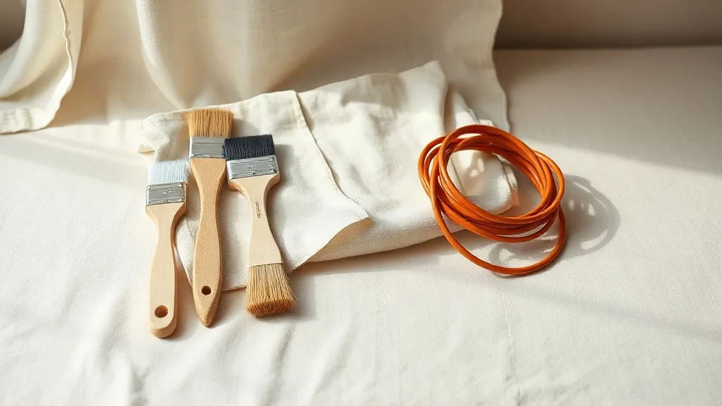 A set of paint brushes, a folded canvas drop cloth and a coiled orange cable arranged on a warm linen surface.