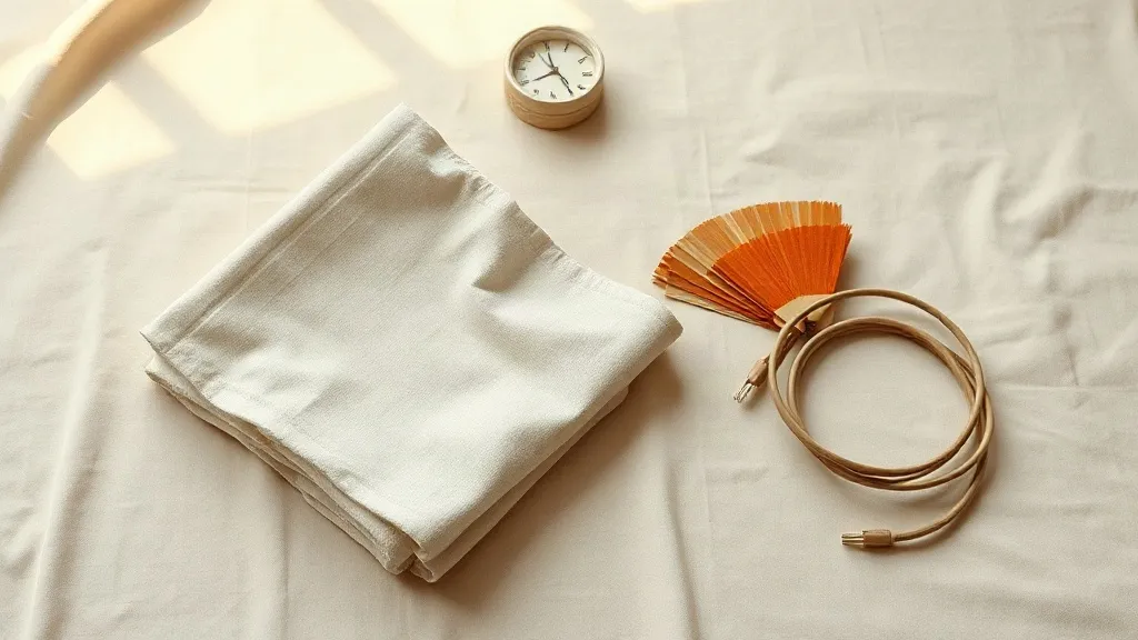 A photograph of a folded canvas drop cloth, a fan of fabric swatches and a coiled cable, with one burnt orange swatch among them.