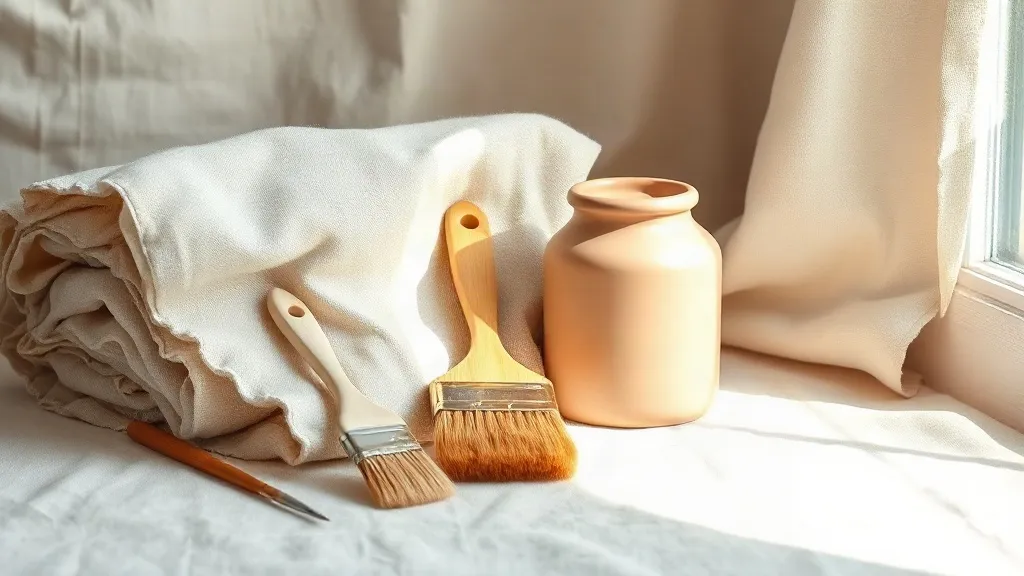 A set of paint brushes resting beside a folded canvas drop cloth and a plain ceramic jar.
