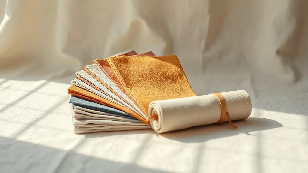 A small fan of folded fabric swatches, one in burnt orange, beside a rolled canvas tool roll on a warm linen surface.