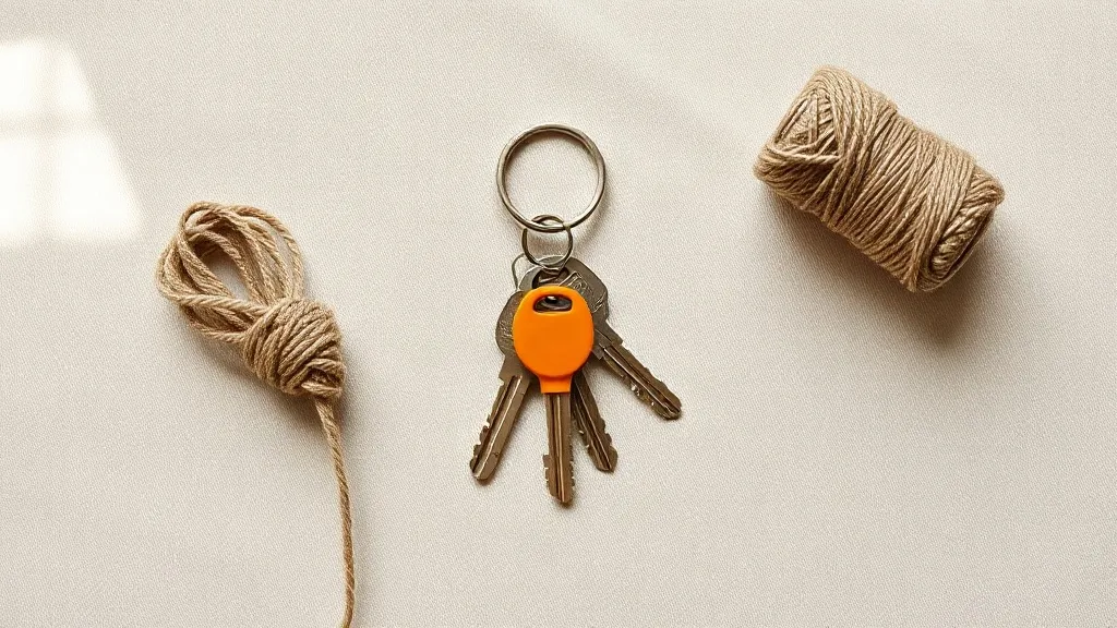 A set of keys with a single orange ceramic fob rests beside a coiled bundle of twine and a small potted plant.