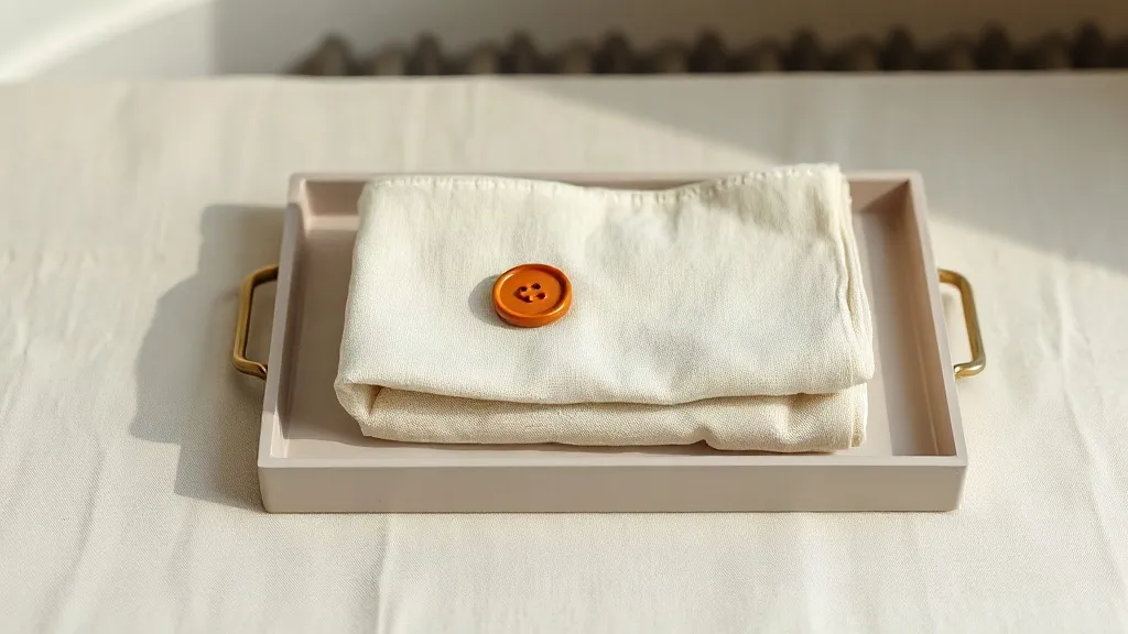 A folded cloth with a single orange button rests beside a brass door handle and a plain ceramic tray on a linen surface.