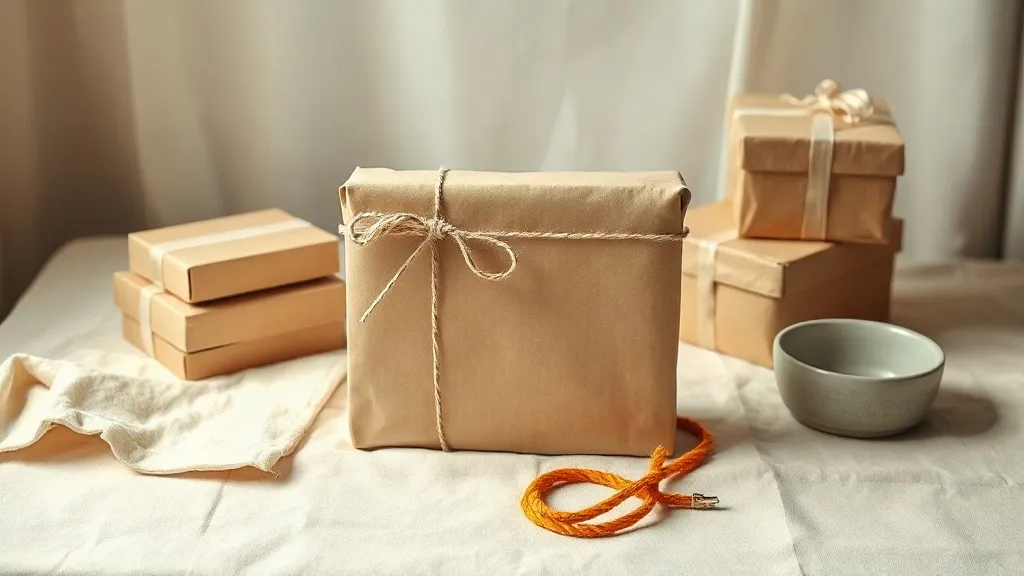 A kraft paper parcel tied with orange cotton string sits beside a small ceramic dish and a stack of plain cardboard boxes on a linen surface.