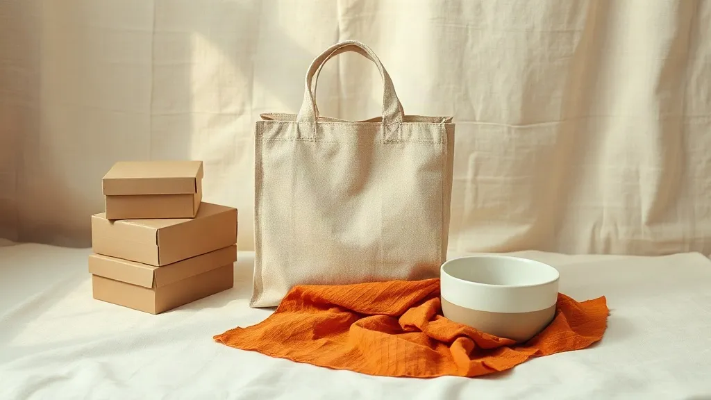 A plain fabric tote bag sits beside a small ceramic dish and a stack of unmarked cardboard boxes, with a folded orange cloth on the linen surface.
