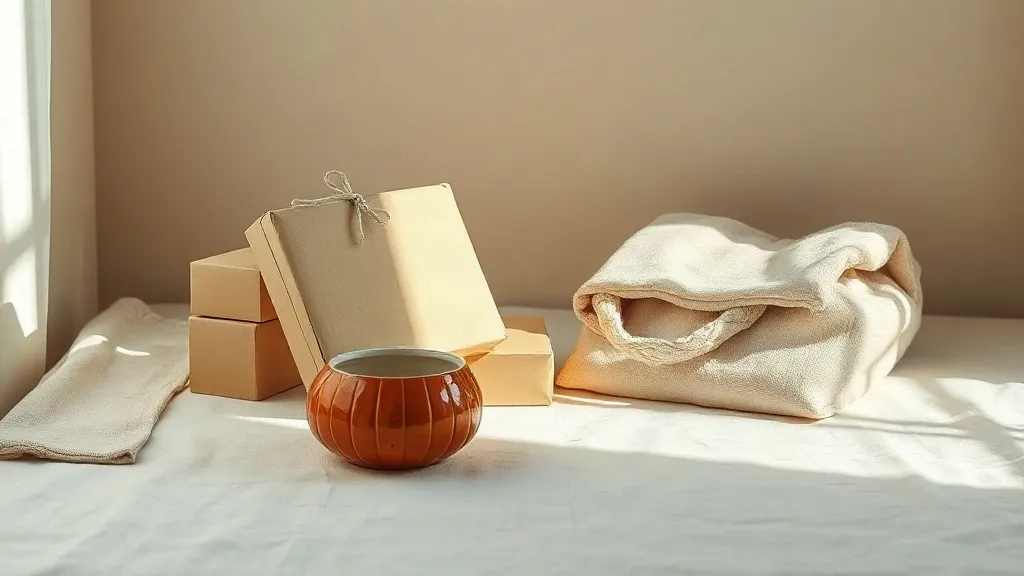 A kraft parcel tied with cotton string beside a stack of unmarked boxes, a folded fabric tote and a burnt orange ceramic dish on a linen surface.