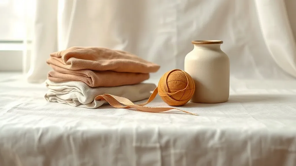 A folded cloth beside a stack of fabric swatches and a plain ceramic jar on a linen surface.
