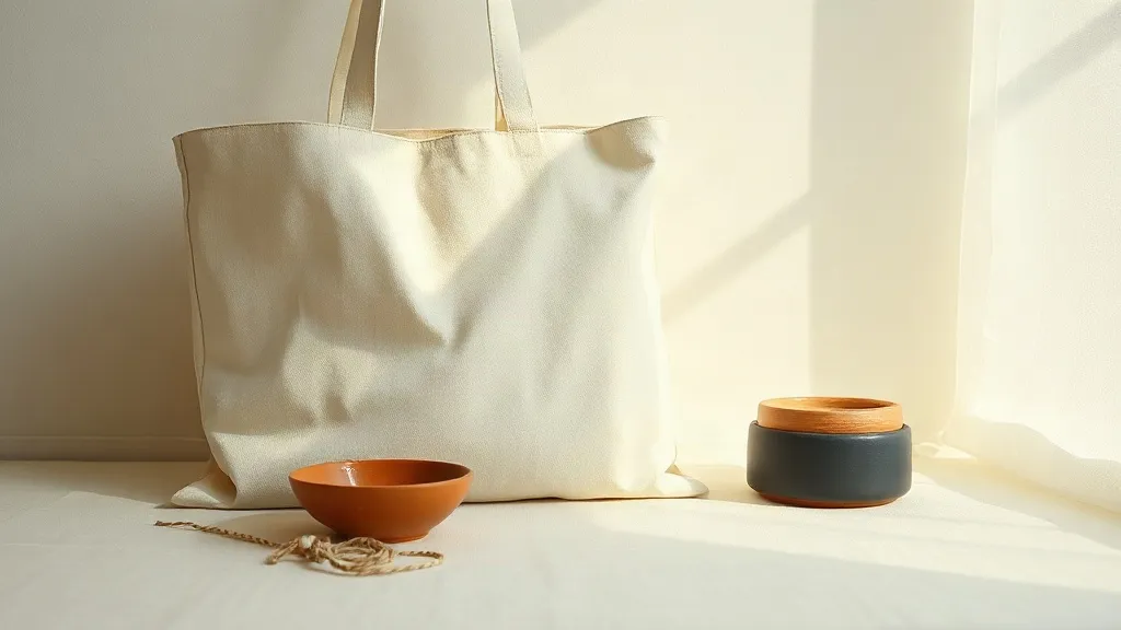 A plain fabric tote bag folded beside a ceramic dish and a small coil of cotton string.