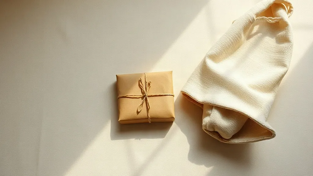 A small kraft paper parcel tied with cotton string beside a folded fabric tote on a linen surface.