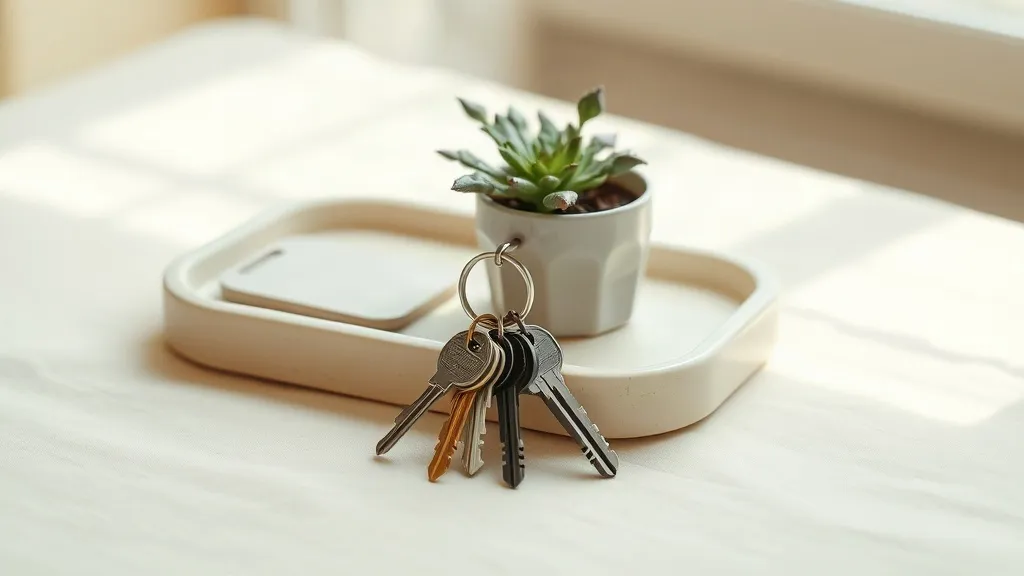 A set of keys on a ring beside a small potted plant and a plain ceramic tray on a linen surface.