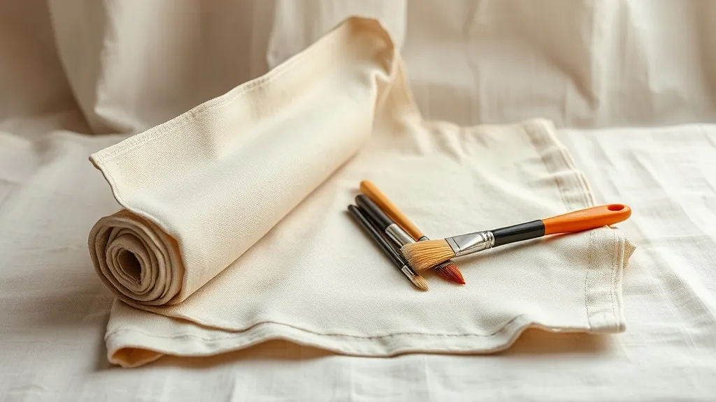 A canvas tool roll with paint brushes beside a folded drop cloth on a linen surface.