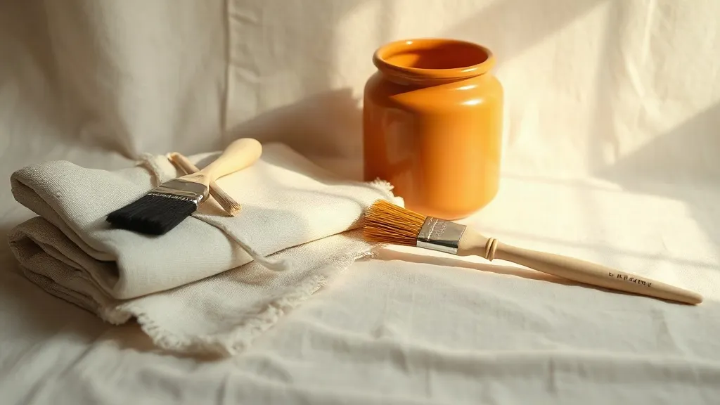 A few paint brushes resting on a folded canvas drop cloth next to a small burnt orange ceramic jar.
