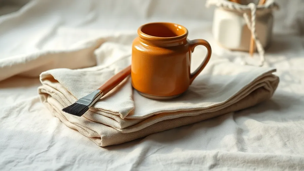 Paint brushes resting on a folded canvas drop cloth next to a burnt orange ceramic jar.