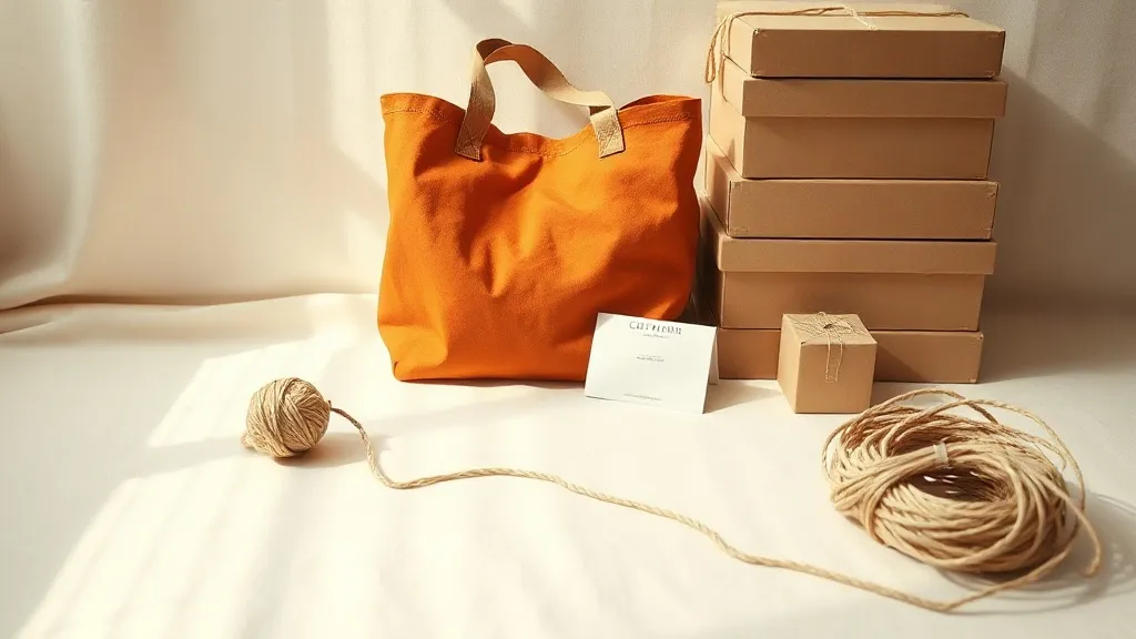 A burnt orange canvas tote bag beside a stack of plain cardboard boxes and a coiled length of cotton string on a warm linen surface.