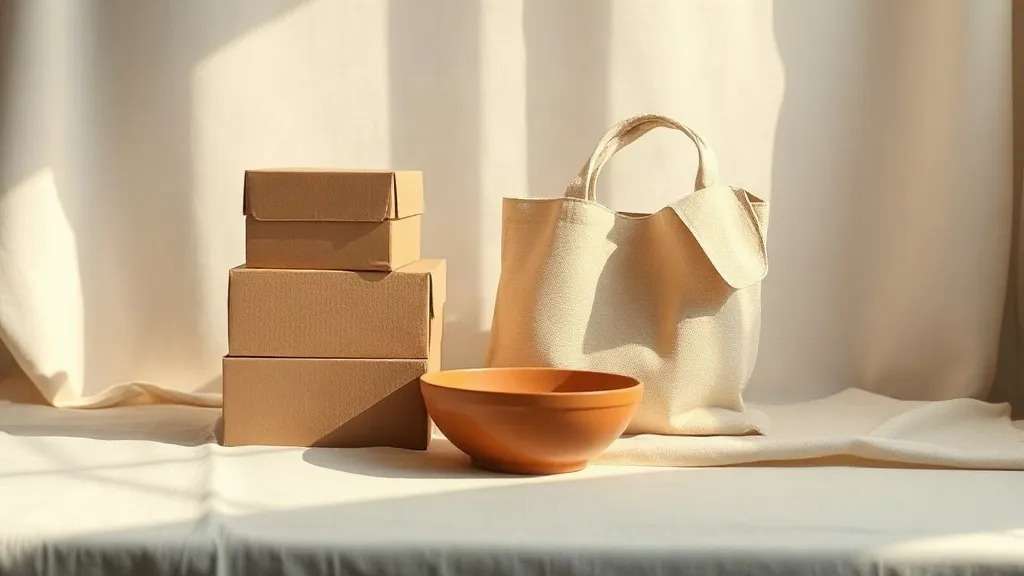 A small stack of plain boxes and a fabric tote bag beside a burnt orange ceramic dish on a linen surface.