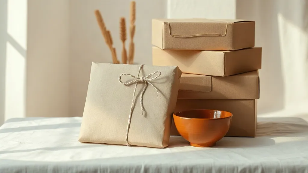 A kraft paper parcel tied with cotton string beside two stacked plain boxes and a small ceramic dish on a linen surface.