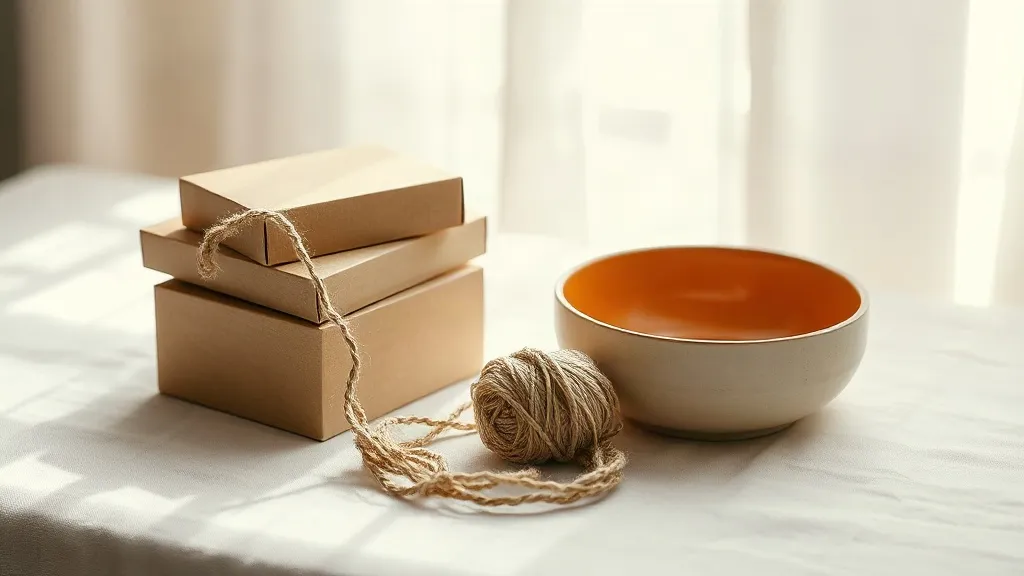 A small stack of unmarked boxes beside a coiled length of cotton string and a burnt orange ceramic dish on a linen surface.