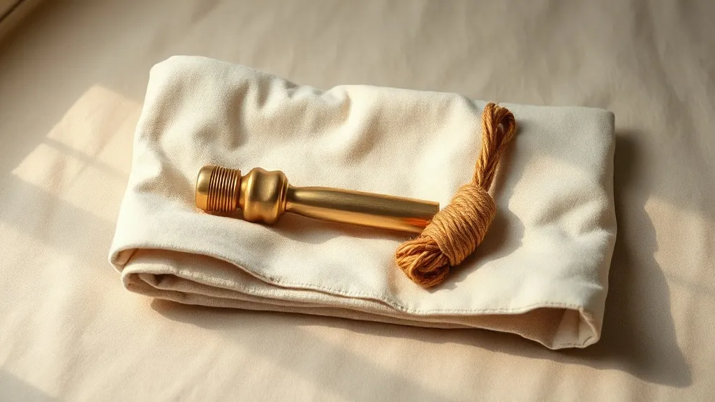 A brass door handle on a folded linen cloth beside a coiled bundle of twine.