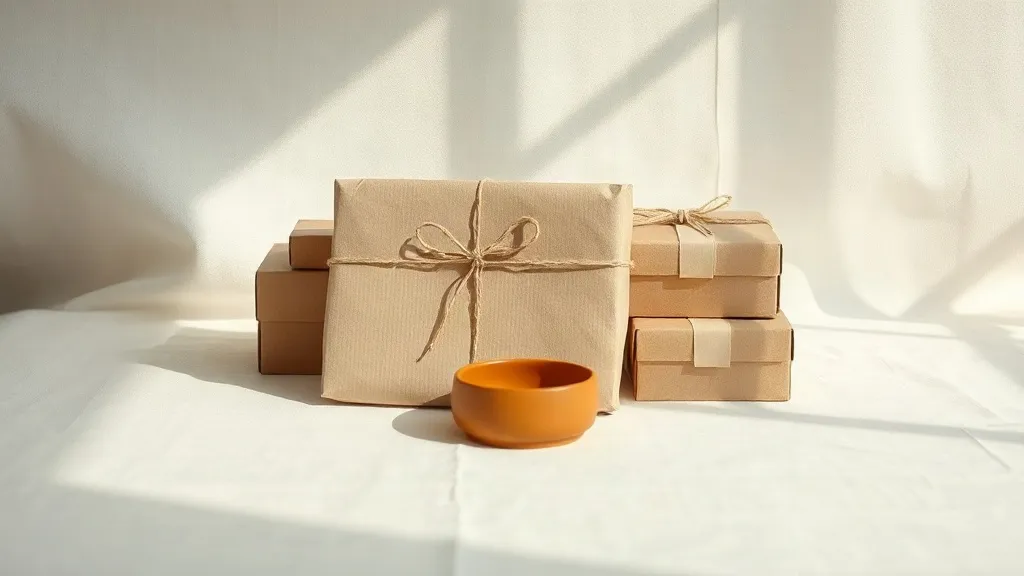 A kraft paper parcel tied with string beside a stack of boxes and a small ceramic dish on a linen surface.