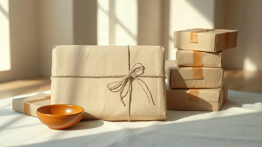 A plain kraft paper parcel tied with cotton string, next to a small stack of unmarked boxes and a small burnt orange ceramic dish.