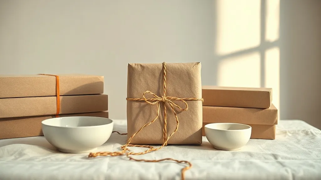 A kraft paper parcel tied with string beside stacked plain boxes and a ceramic dish on a linen surface.