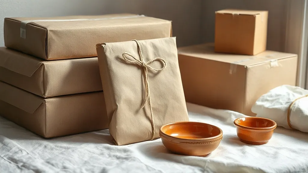 A kraft paper parcel tied with string next to stacked plain boxes and a burnt orange ceramic dish on a linen surface.