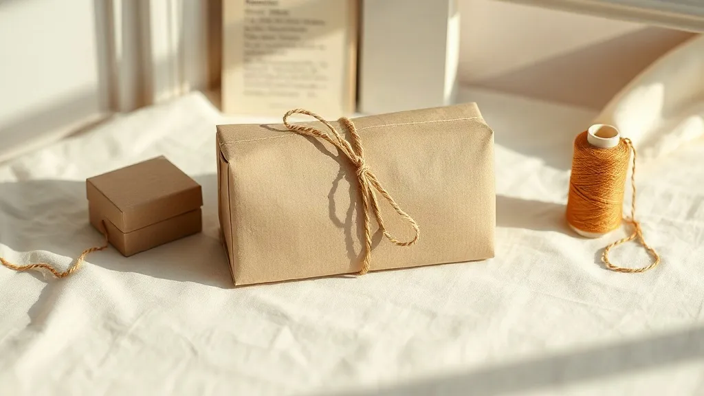 A kraft paper parcel tied with cotton string beside a small stack of plain boxes and a burnt orange spool of thread on a linen surface.
