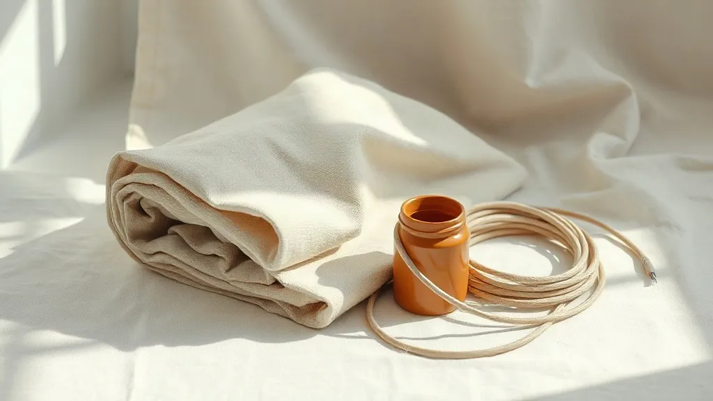 A folded canvas drop cloth and a coiled cable beside a small ceramic jar on a linen surface.