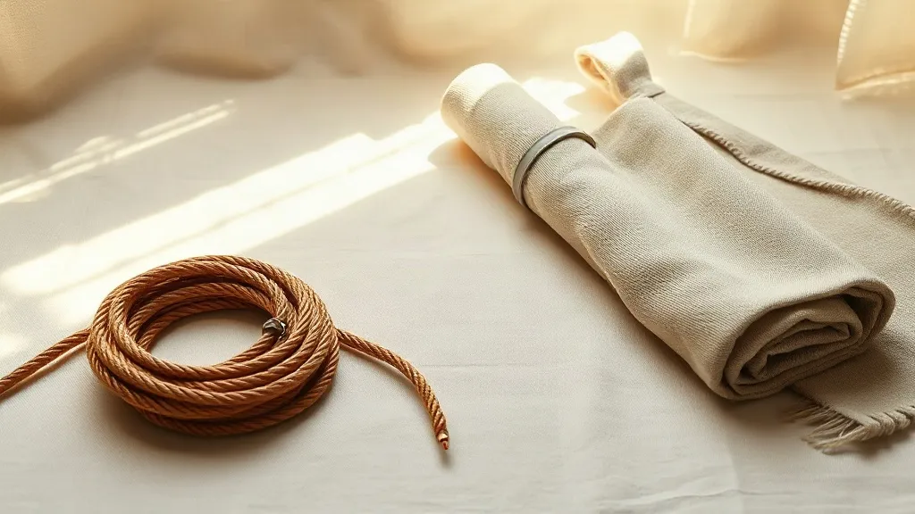 A coiled burnt orange cable rests beside a rolled canvas tool roll and a folded drop cloth on a linen surface.