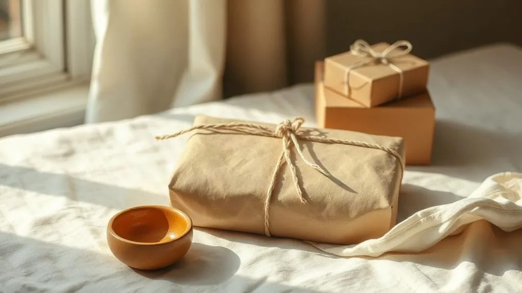 A kraft paper parcel tied with cotton string beside a small stack of plain cardboard boxes and a burnt orange ceramic dish on a linen surface.