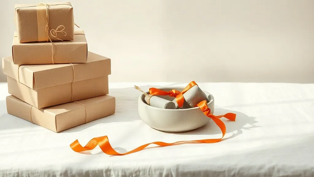 A ceramic dish holding wrapped parcels sits beside a stack of plain boxes and a loop of orange ribbon on a linen surface.