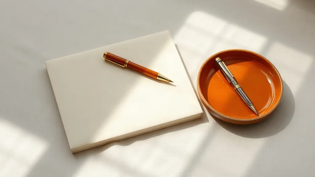 A closed, unmarked folder with a plain fountain pen resting on top and a small burnt orange ceramic tray beside it.